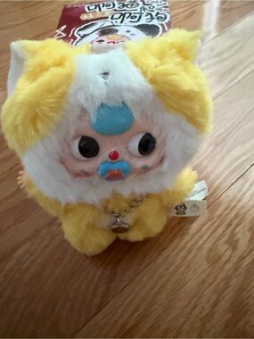 Yellow & White Plush Cat Toy with Blue Accent - Soft Pet Play Plush